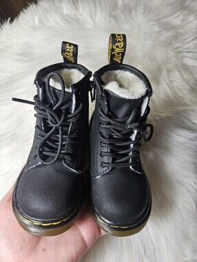 Dr. Martens Black and Yellow Logo Faux Fur Lined Boots